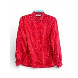 VTG 80s Evan Picone Red Floral Tulip AOP Blouse Union Made Long Sleeve Top